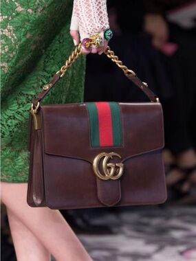 Gucci GG Marmont Top Handle Bag Brown Leather Web Stripe Gold Hardware Shoulder